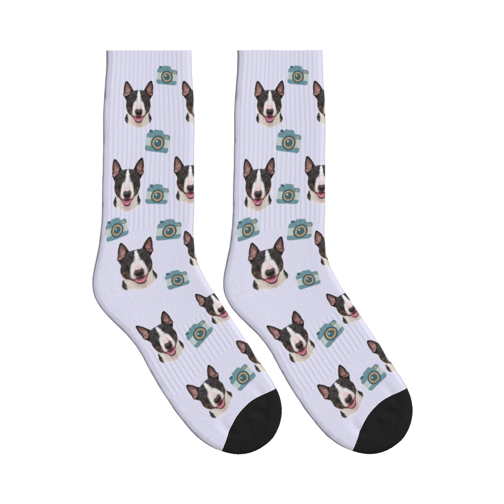 Camera Dog Face Socks in Lavender with a personalized dog photo