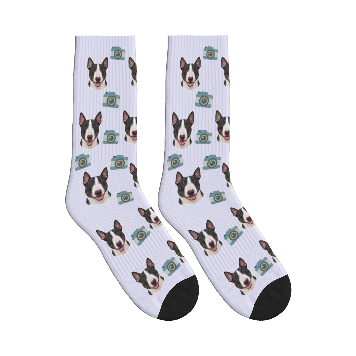 Camera Dog Face Socks in Lavender with a personalized dog photo