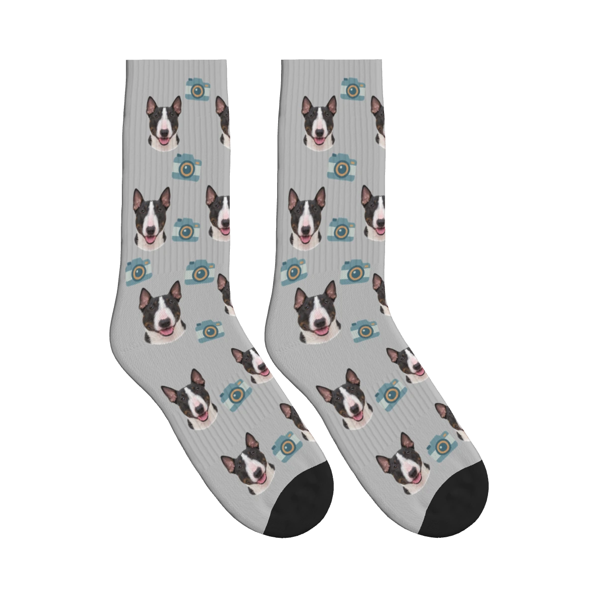 Camera Dog Face Socks in Light Gray with a personalized dog photo