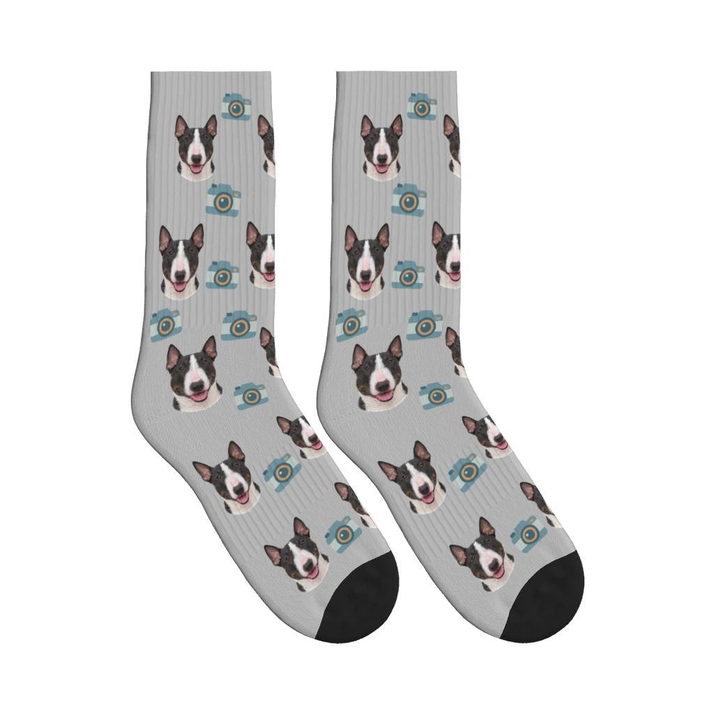 Camera Dog Face Socks in Light Gray with a personalized dog photo