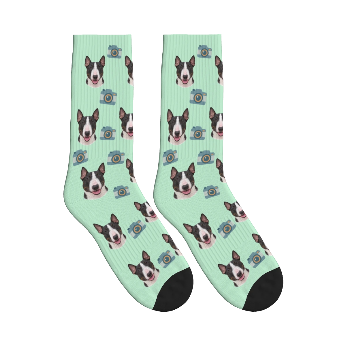 Camera Dog Face Socks in Mint Green with a personalized dog photo