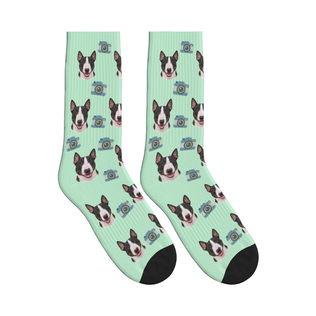 Camera Dog Face Socks in Mint Green with a personalized dog photo