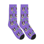 Camera Dog Face Socks in Purple with a personalized dog photo
