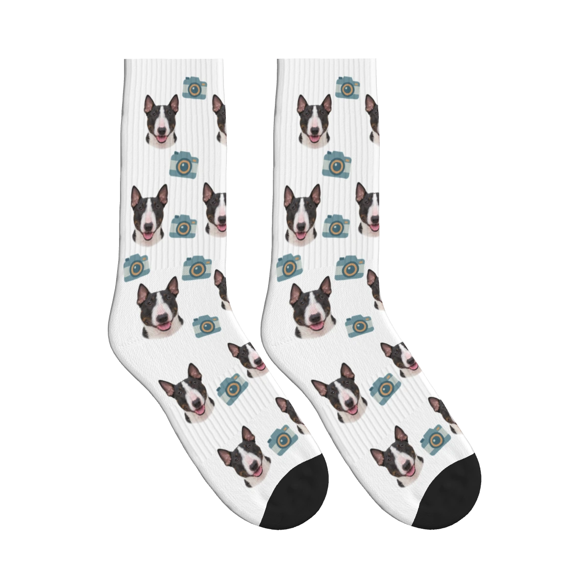 Camera Dog Face Socks in White with a personalized dog photo