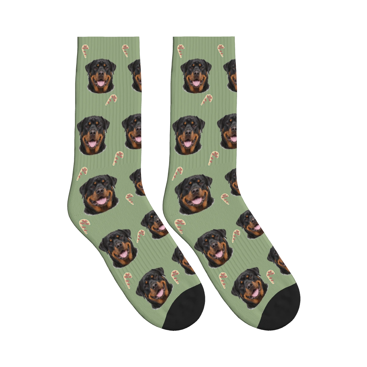 Candy Cane Dog Face Socks in Sage Green with a personalized dog photo