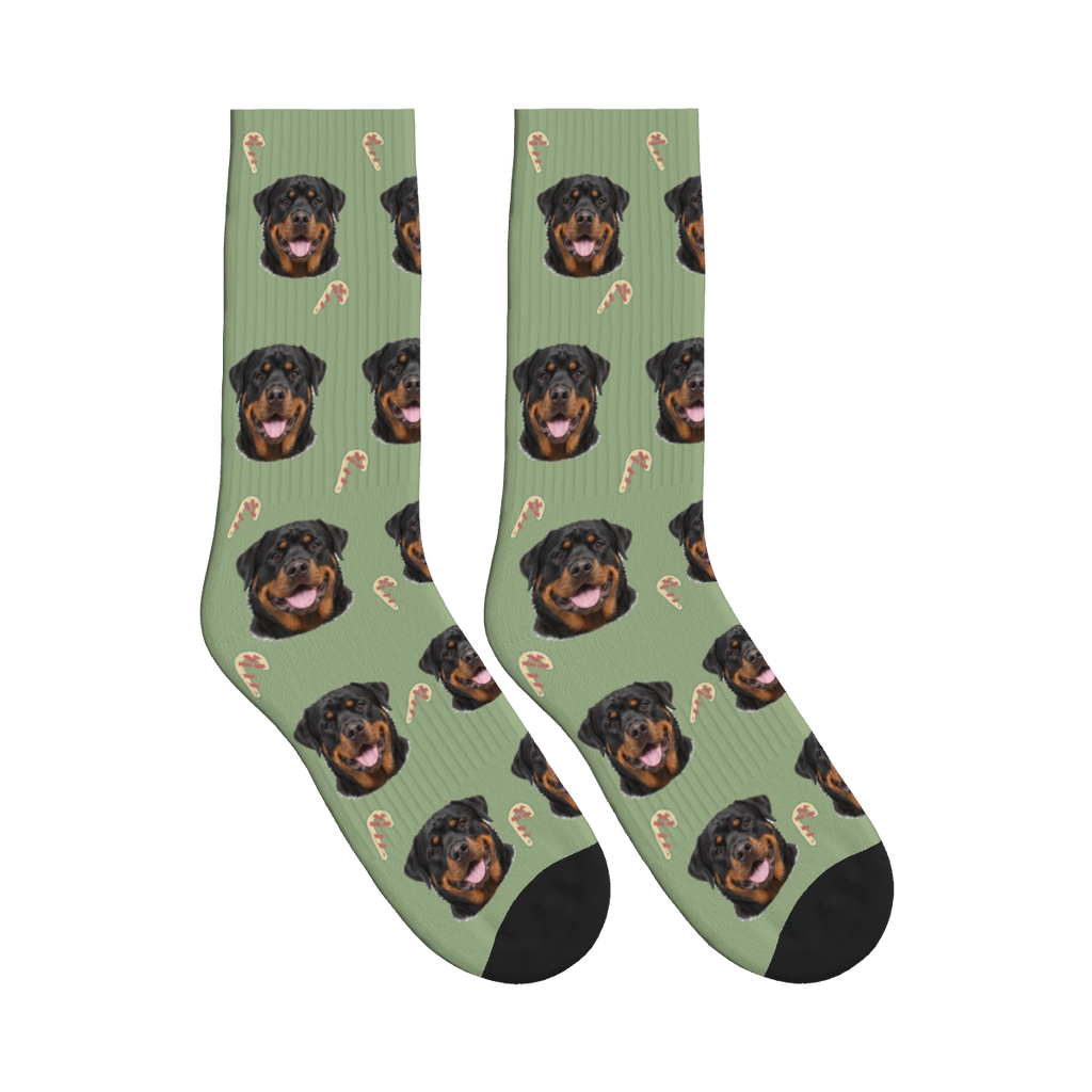 Candy Cane Dog Face Socks in Sage Green with a personalized dog photo