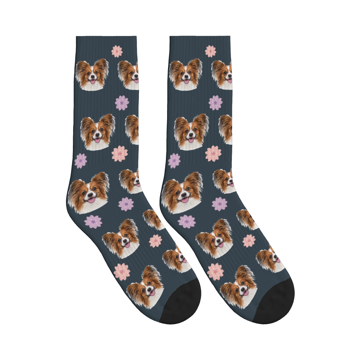 Cherry Blossom Dog Face Socks in Charcoal Gray with a personalized dog photo