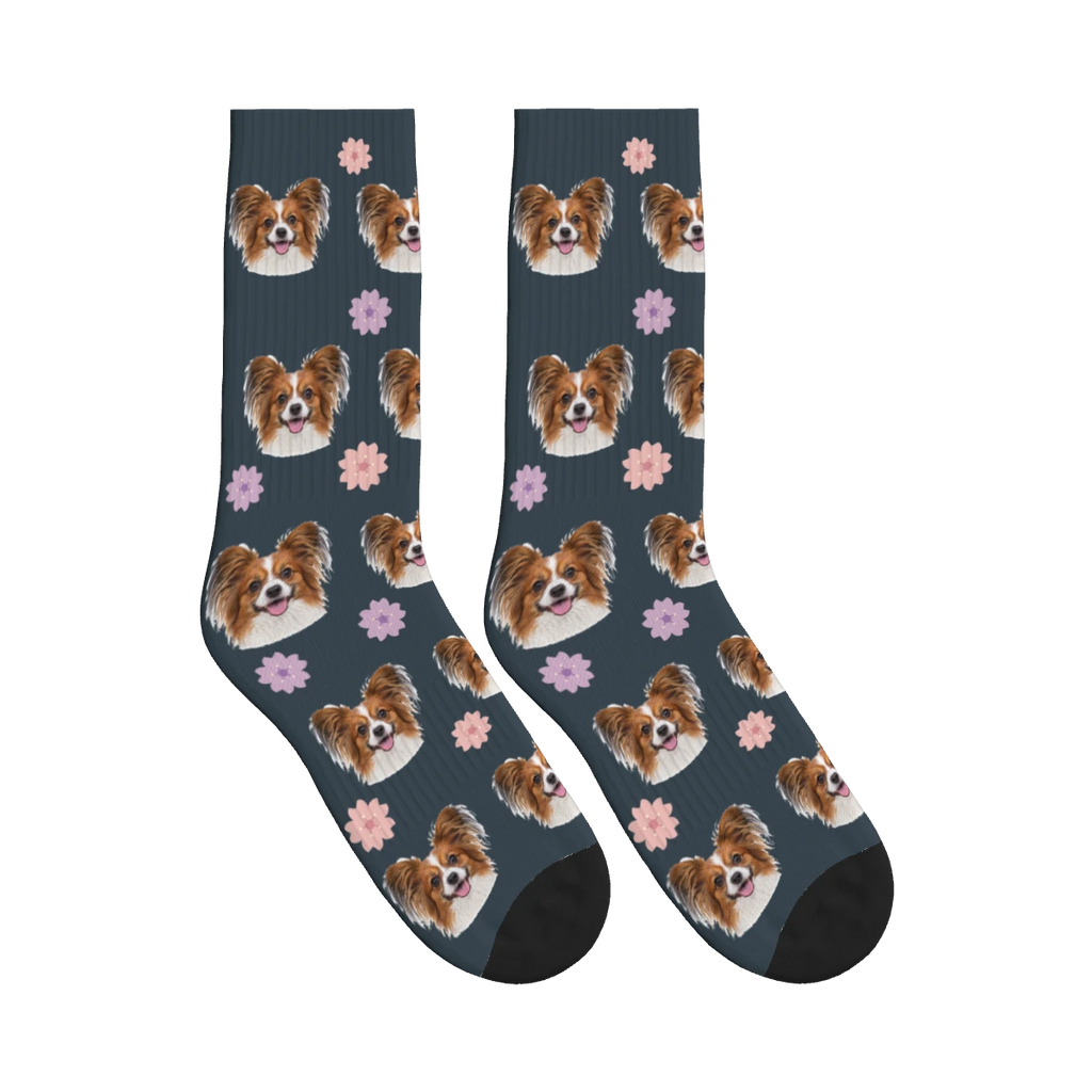 Cherry Blossom Dog Face Socks in Charcoal Gray with a personalized dog photo