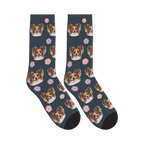 Cherry Blossom Dog Face Socks in Charcoal Gray with a personalized dog photo