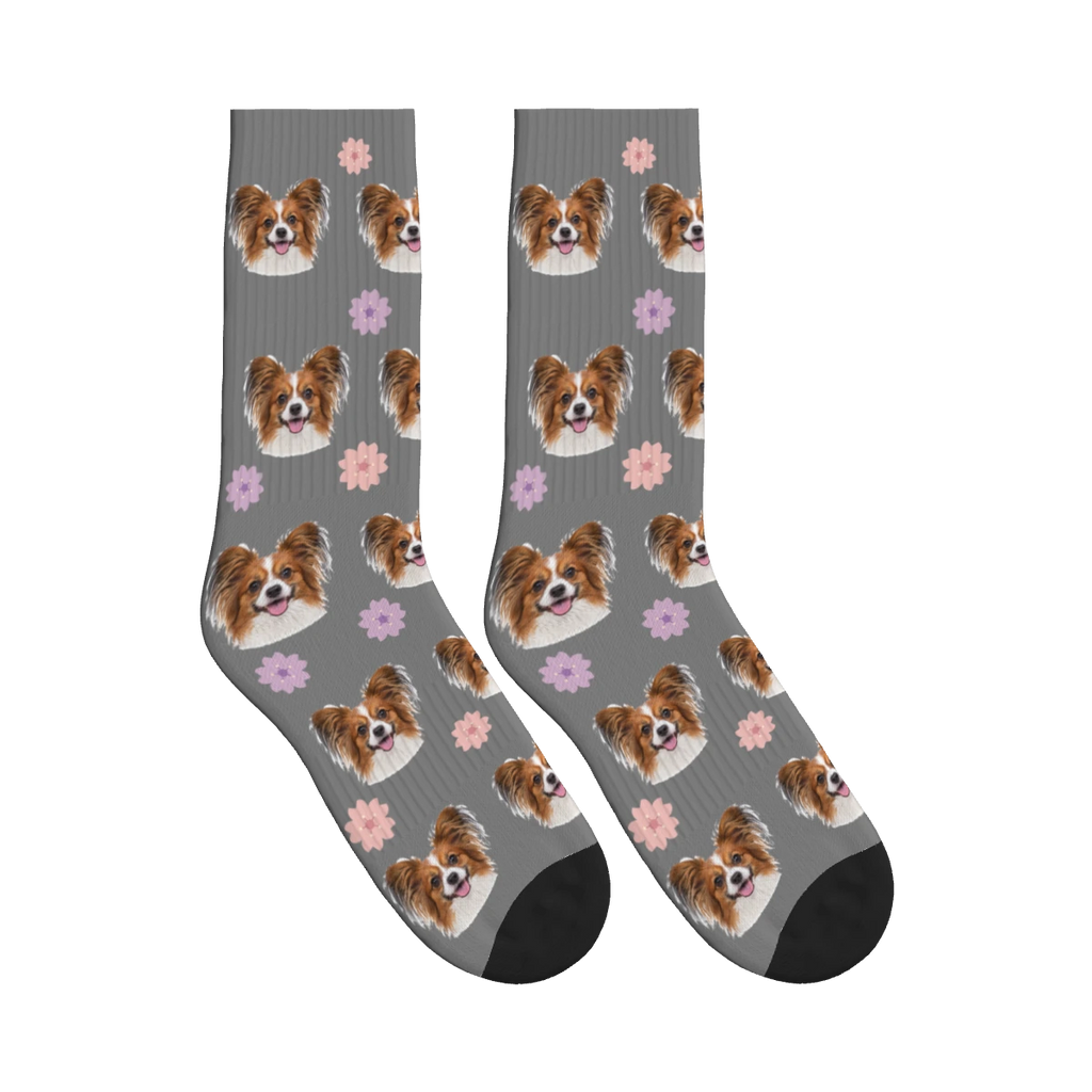 Cherry Blossom Dog Face Socks in Gray with a personalized dog photo