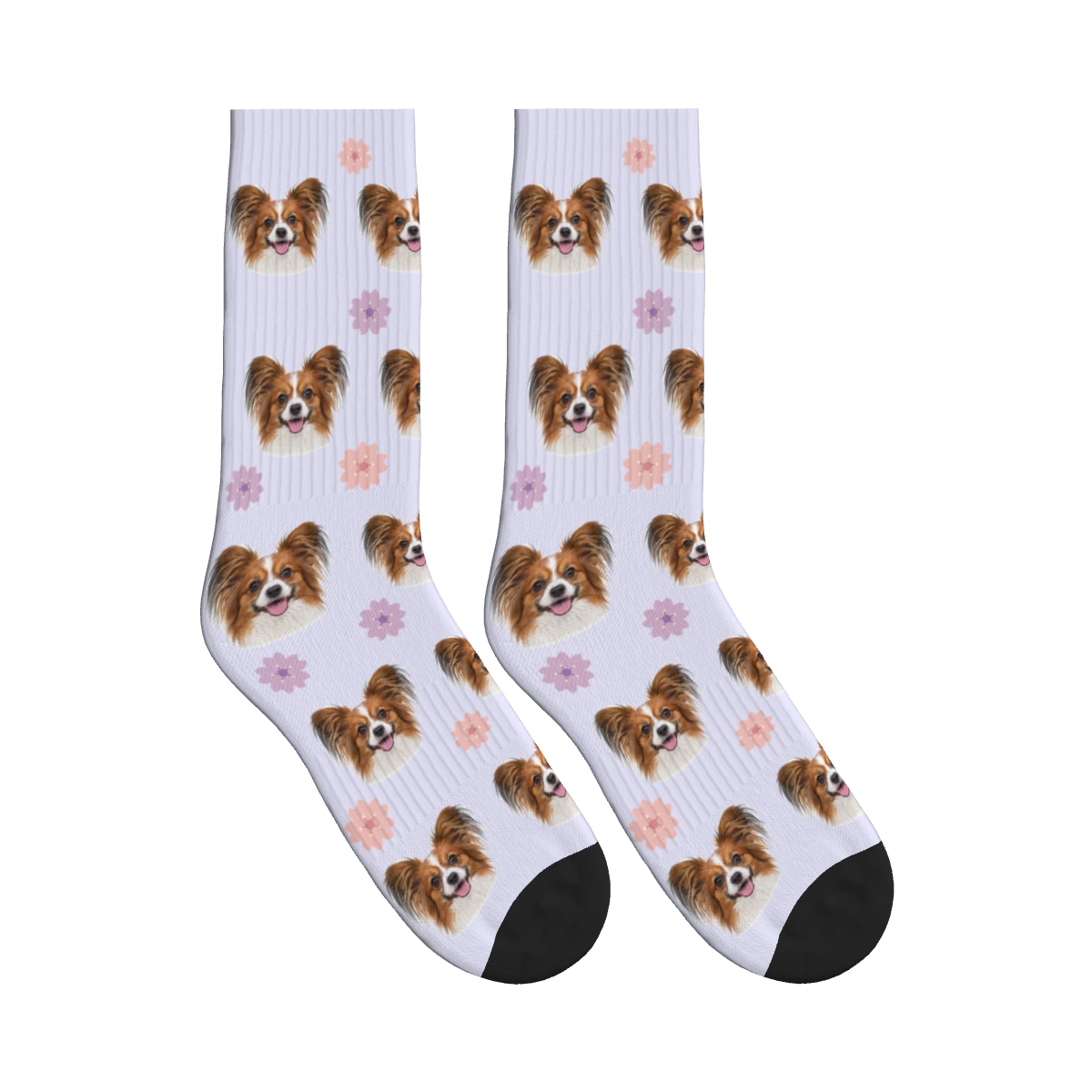 Cherry Blossom Dog Face Socks in Lavender with a personalized dog photo