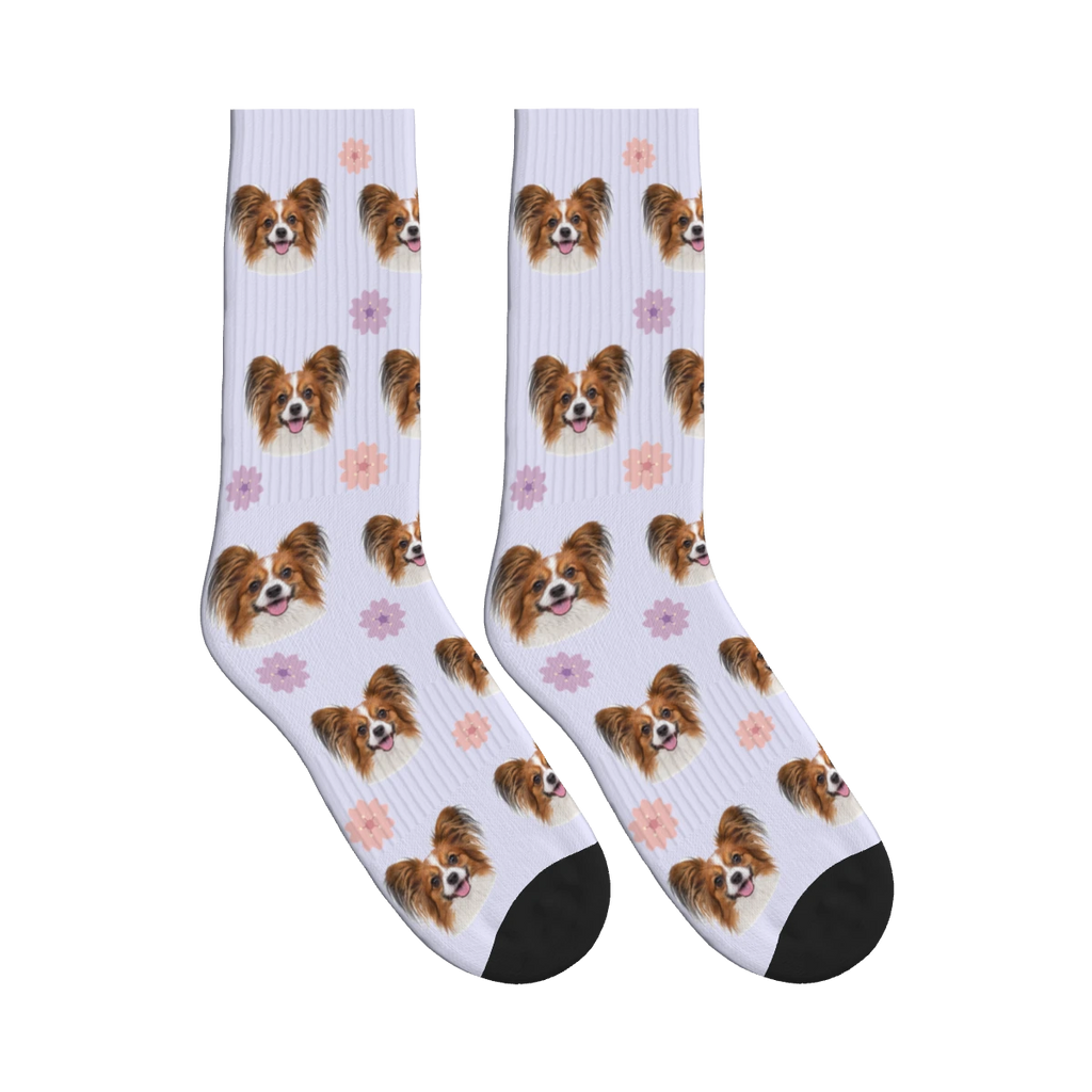 Cherry Blossom Dog Face Socks in Lavender with a personalized dog photo