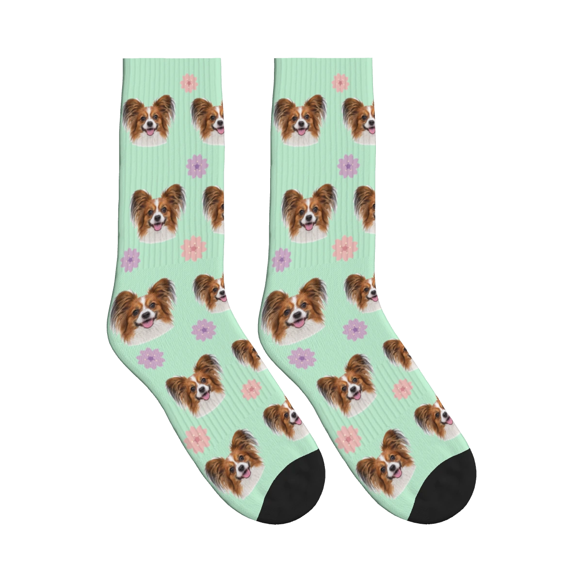 Cherry Blossom Dog Face Socks in Mint Green with a personalized dog photo