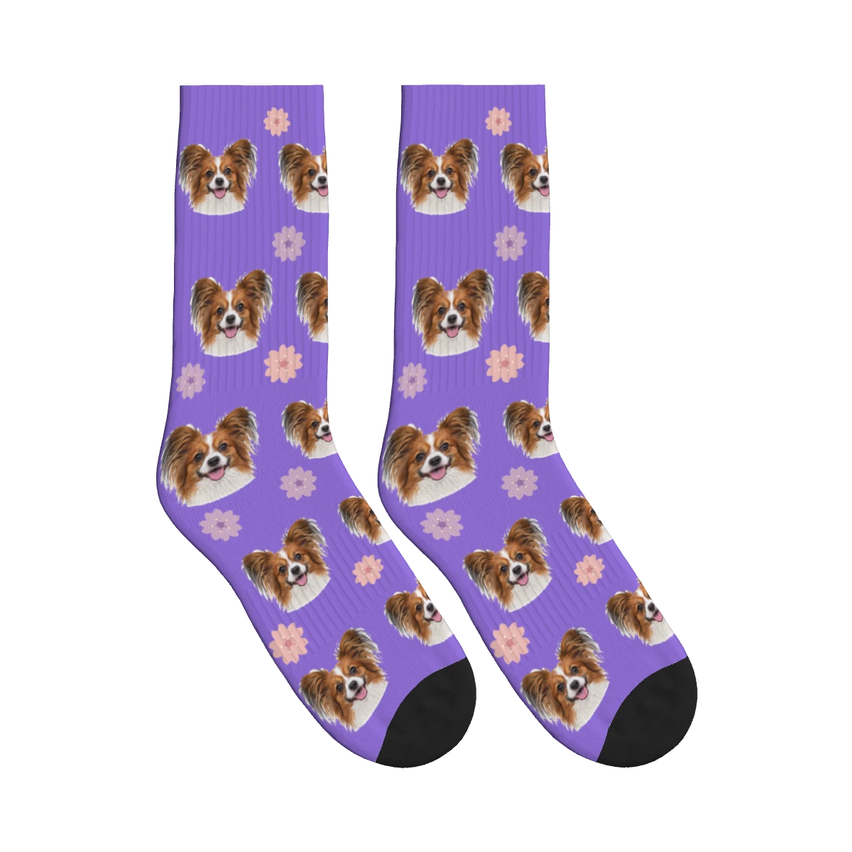 Cherry Blossom Dog Face Socks in Purple with a personalized dog photo