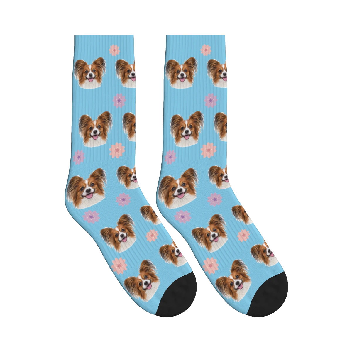 Cherry Blossom Dog Face Socks in Sky Blue with a personalized dog photo