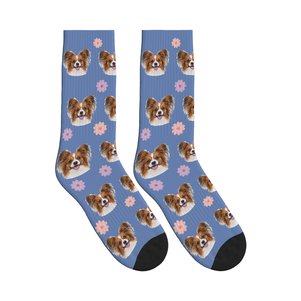 Cherry Blossom Dog Face Socks in Slate Blue with a personalized dog photo