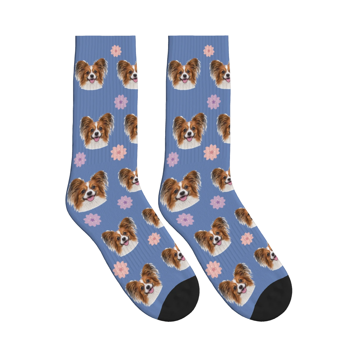 Cherry Blossom Dog Face Socks in Slate Blue with a personalized dog photo