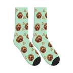 Christmas Bell Dog Face Socks in Mint Green with a personalized dog photo