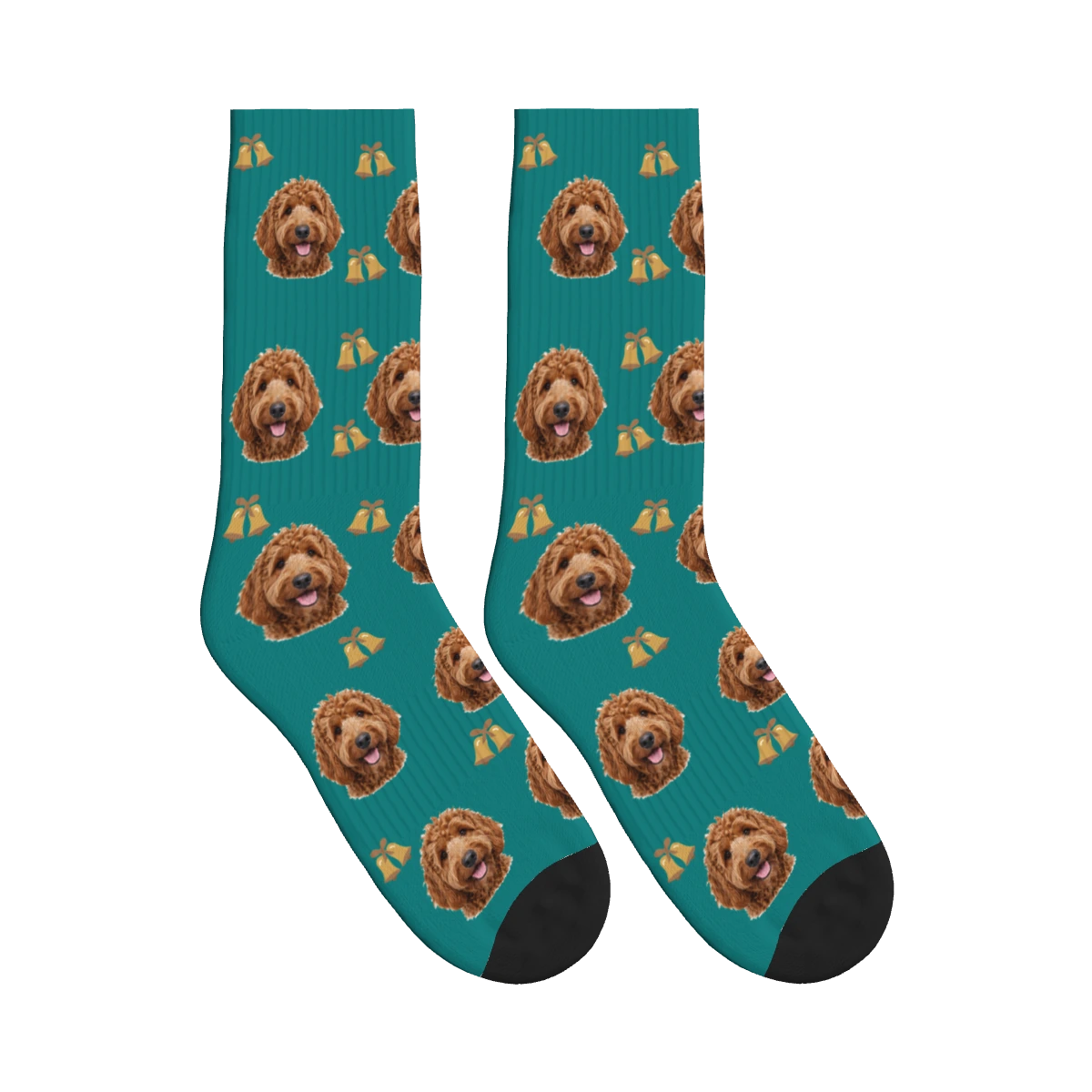 Christmas Bell Dog Face Socks in Teal with a personalized dog photo