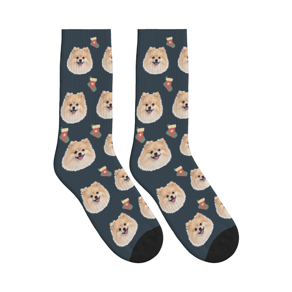 Christmas Stocking Dog Face Socks in Charcoal Gray with a personalized dog photo