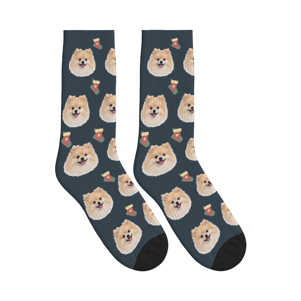Christmas Stocking Dog Face Socks in Charcoal Gray with a personalized dog photo