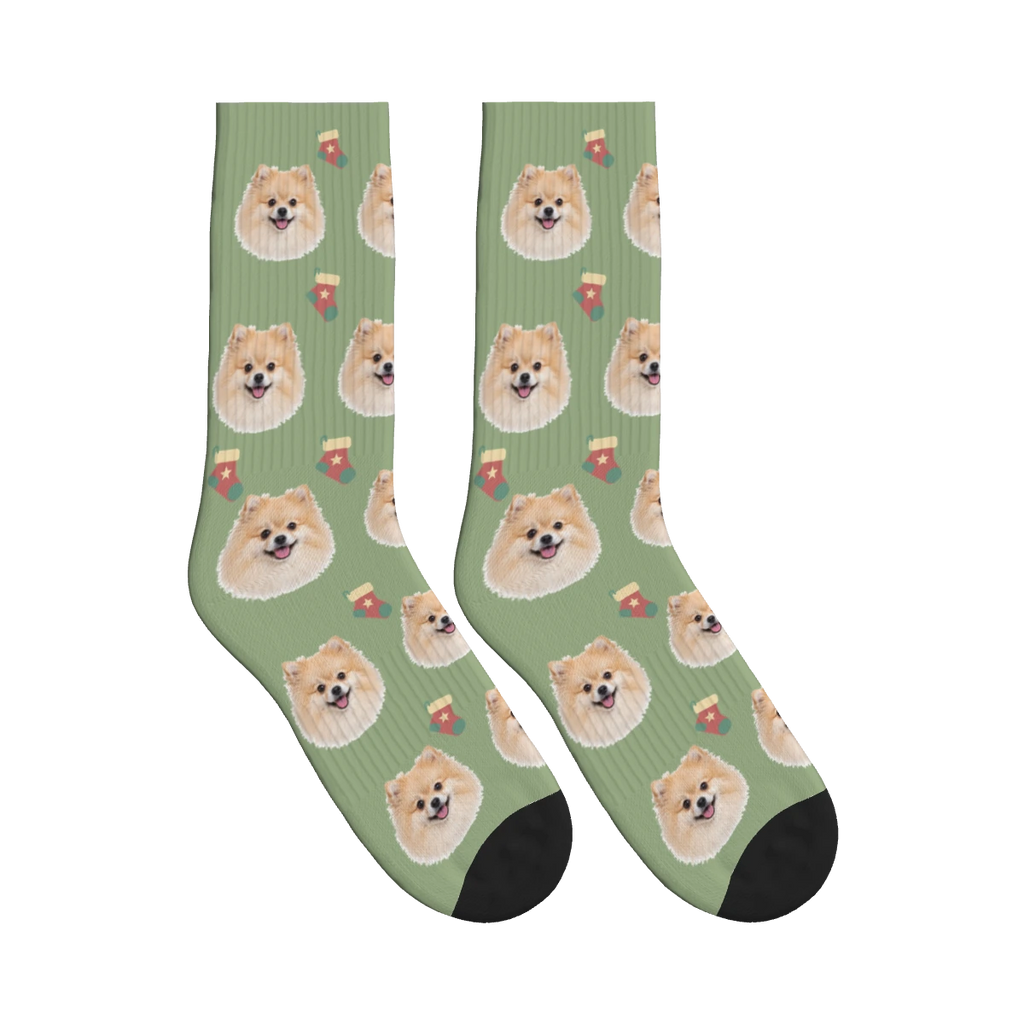 Christmas Stocking Dog Face Socks in Sage Green with a personalized dog photo