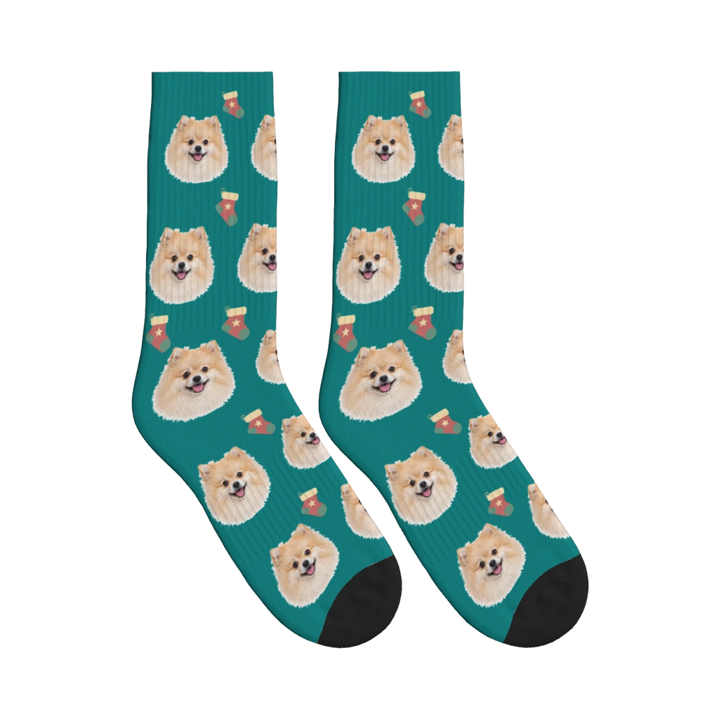 Christmas Stocking Dog Face Socks in Teal with a personalized dog photo