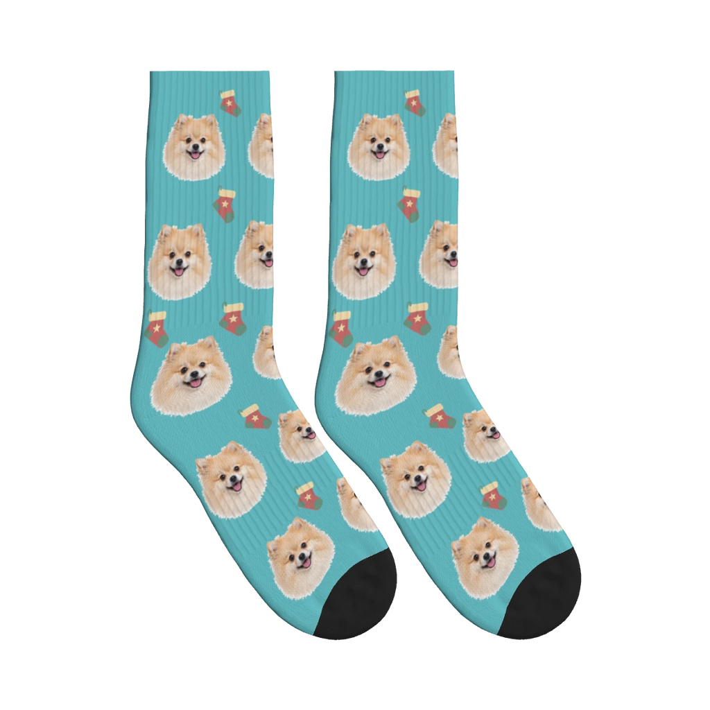 Christmas Stocking Dog Face Socks in Turquoise with a personalized dog photo