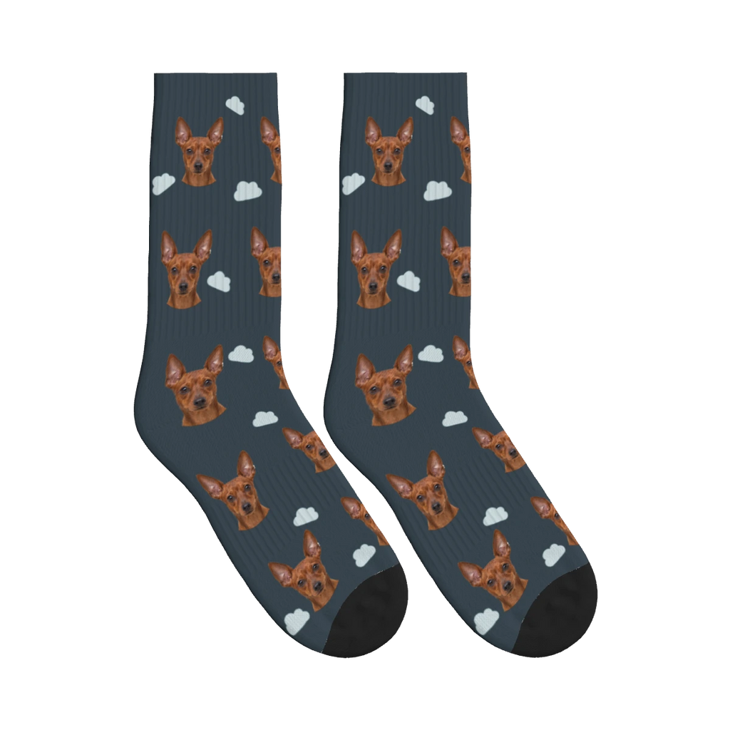 Little Cloud Dog Face Socks in Charcoal Gray with a personalized dog photo