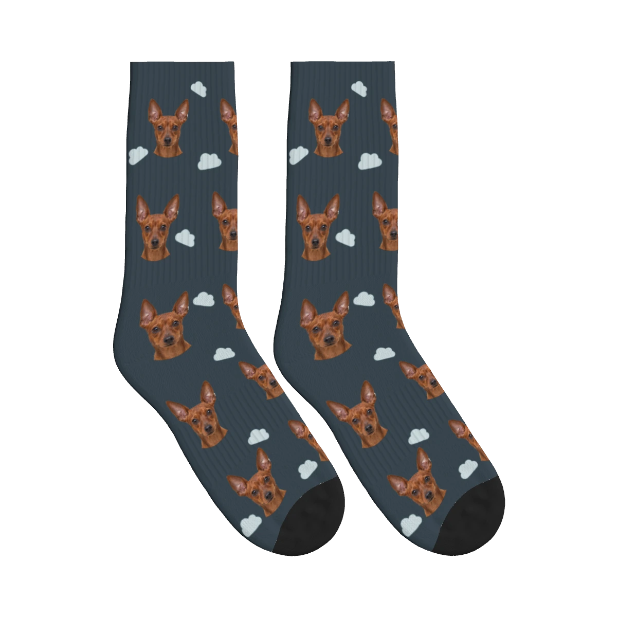 Little Cloud Dog Face Socks in Charcoal Gray with a personalized dog photo