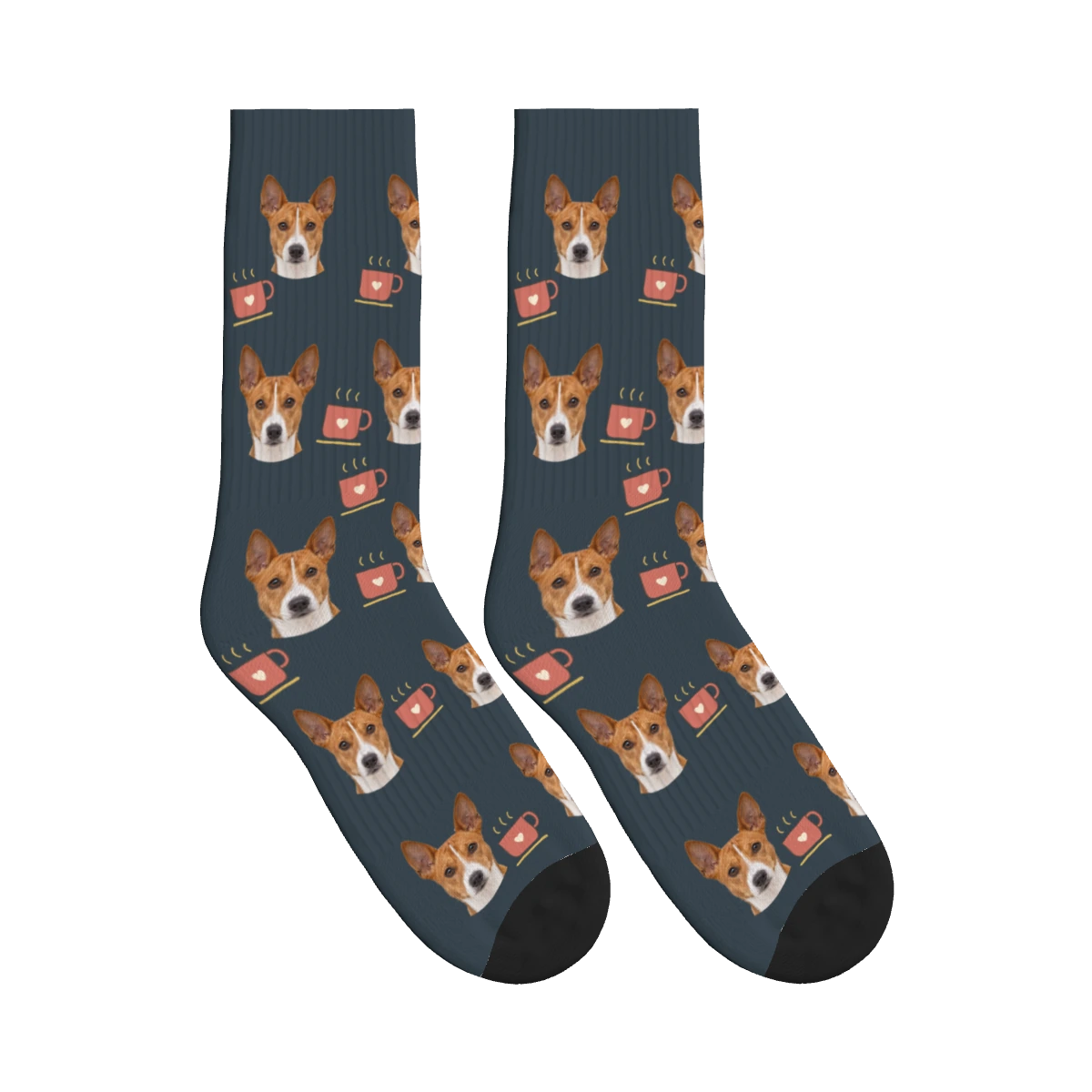 Coffee Break Dog Face Socks in Charcoal Gray with a personalized dog photo