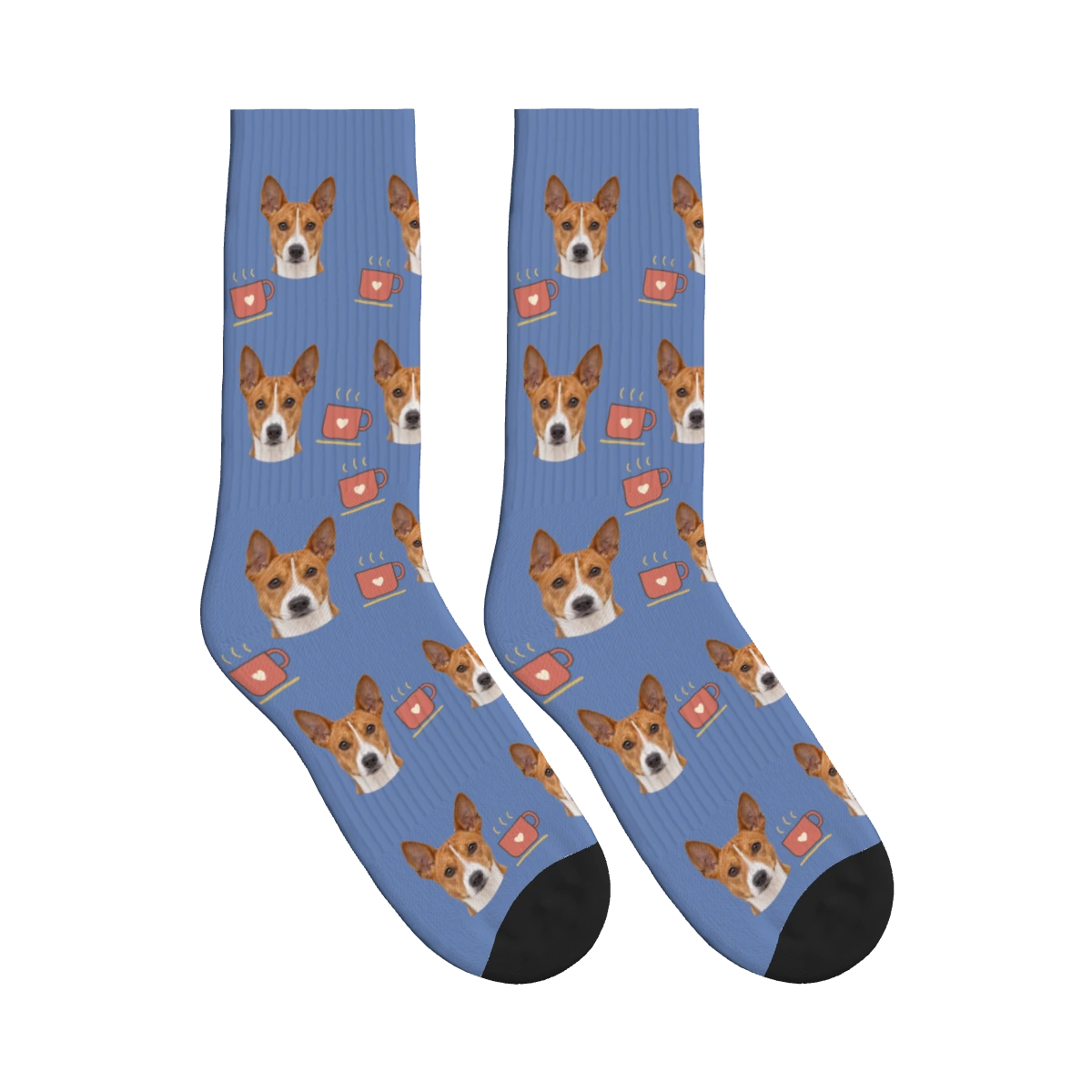 Coffee Break Dog Face Socks in Slate Blue with a personalized dog photo