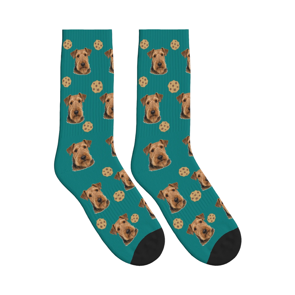 Cookie Dog Face Socks in Teal with a personalized dog photo