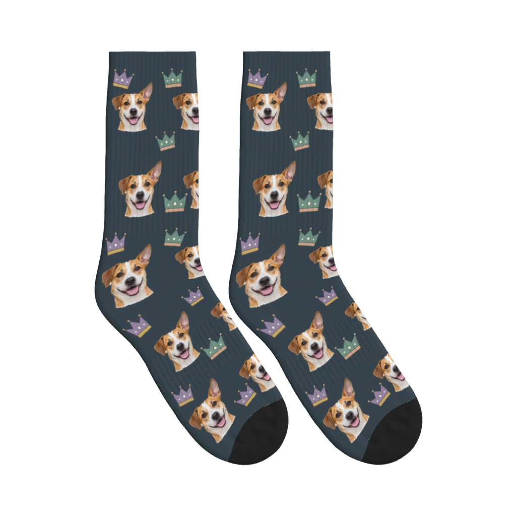 Crowned Pup Dog Face Socks in Charcoal Gray with a personalized dog photo