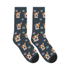 Crowned Pup Dog Face Socks in Charcoal Gray with a personalized dog photo