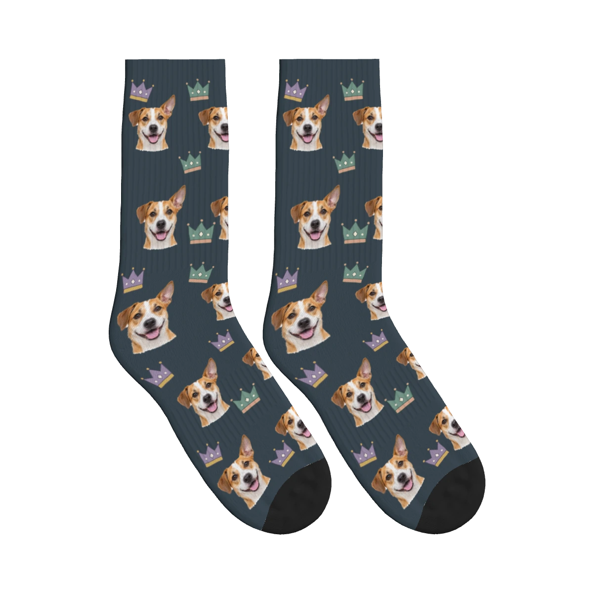 Crowned Pup Dog Face Socks in Charcoal Gray with a personalized dog photo