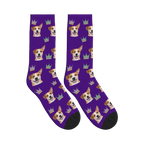 Crowned Pup Dog Face Socks in Deep Purple with a personalized dog photo