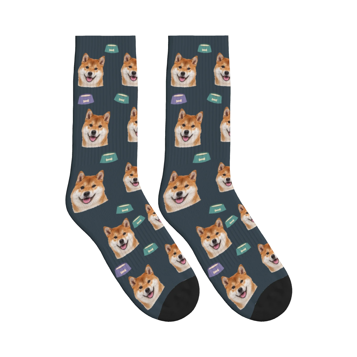 Dinner Time Dog Face Socks in Charcoal Gray with a personalized dog photo