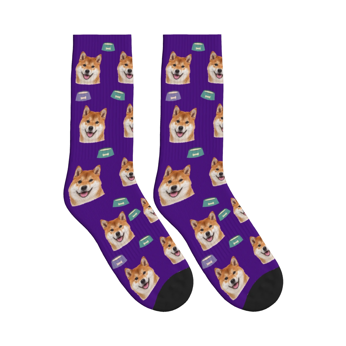 Dinner Time Dog Face Socks in Deep Purple with a personalized dog photo