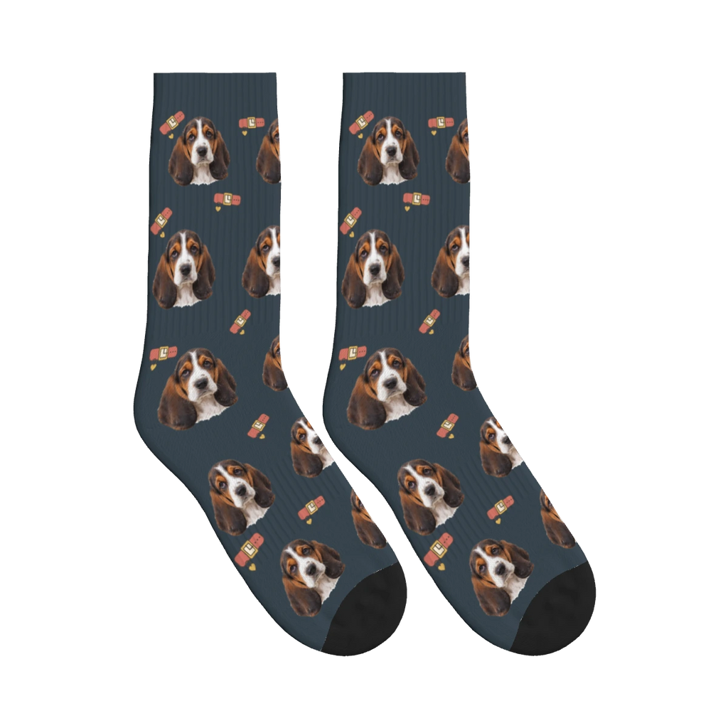 Little Collar Dog Face Socks in Charcoal Gray with a personalized dog photo
