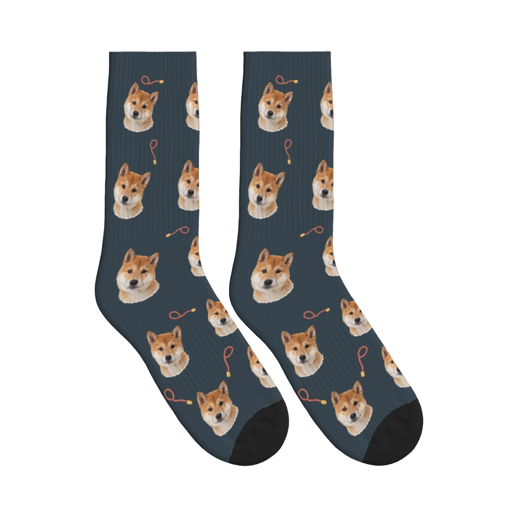 Walk Time Dog Face Socks in Charcoal Gray with a personalized dog photo
