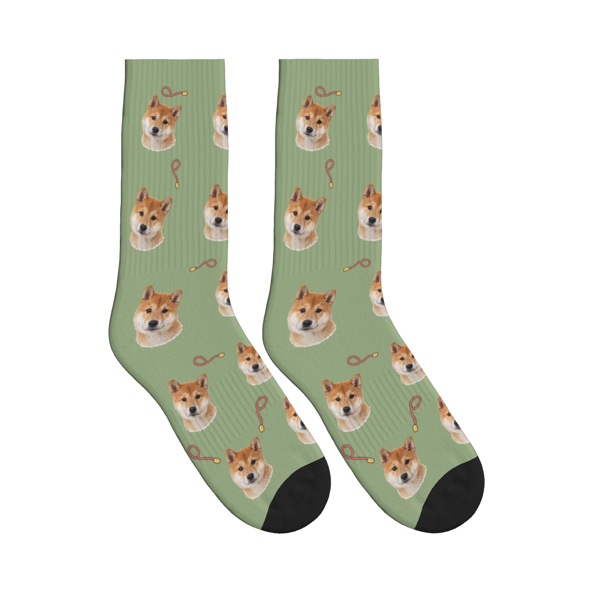 Walk Time Dog Face Socks in Sage Green with a personalized dog photo