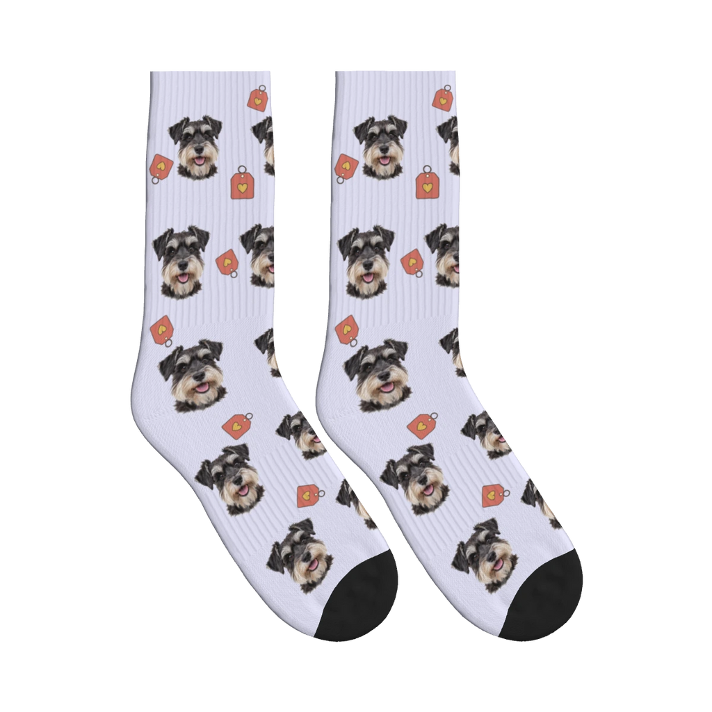 Dog Tag Photo Socks in Lavender with a personalized dog photo