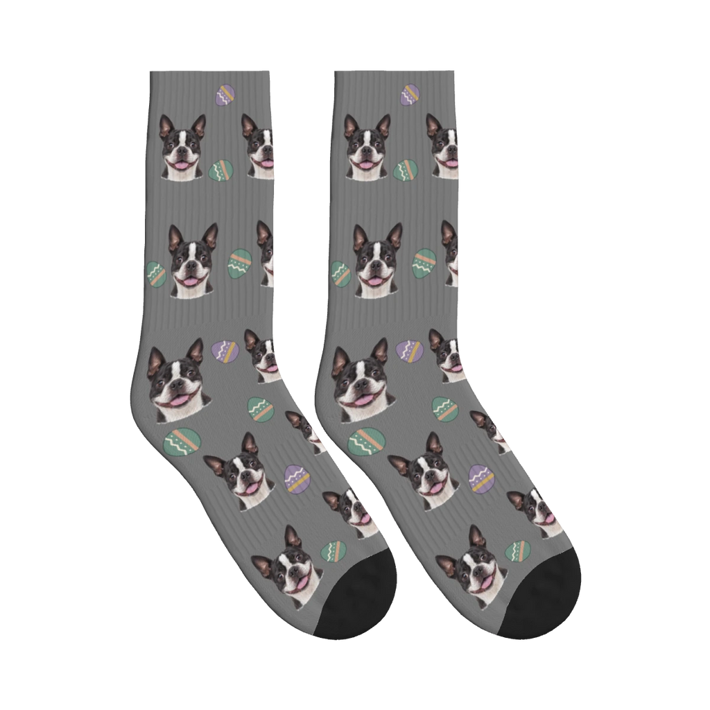 Easter Egg Dog Face Socks in Gray with a personalized dog photo