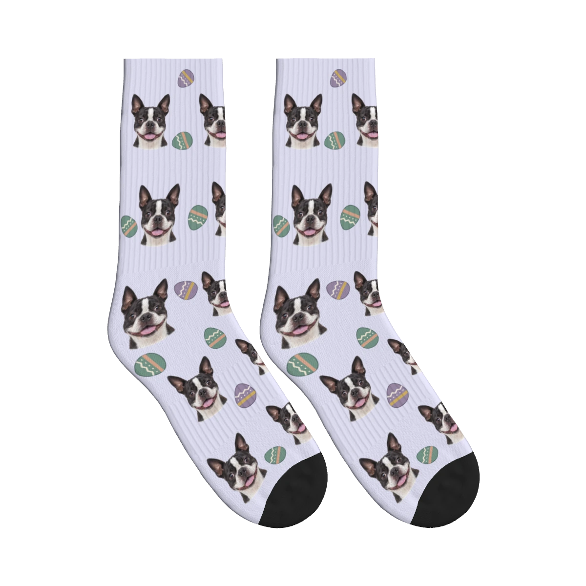 Easter Egg Dog Face Socks in Lavender with a personalized dog photo