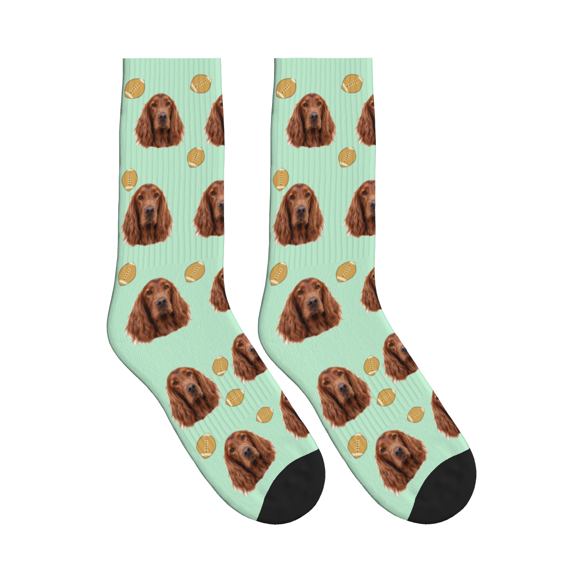 Football Dog Face Socks in Mint Green with a personalized dog photo