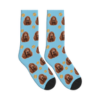 Football Dog Face Socks in Sky Blue with a personalized dog photo