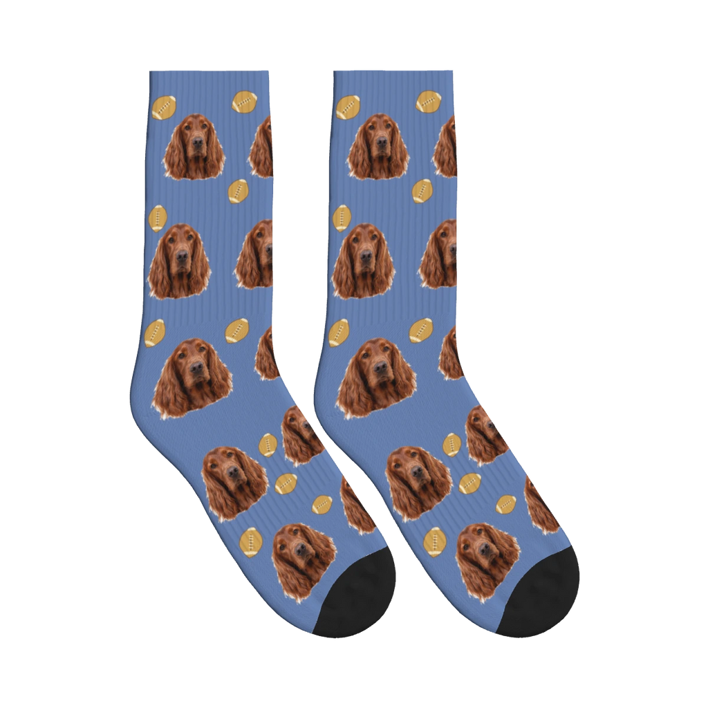 Football Dog Face Socks in Slate Blue with a personalized dog photo