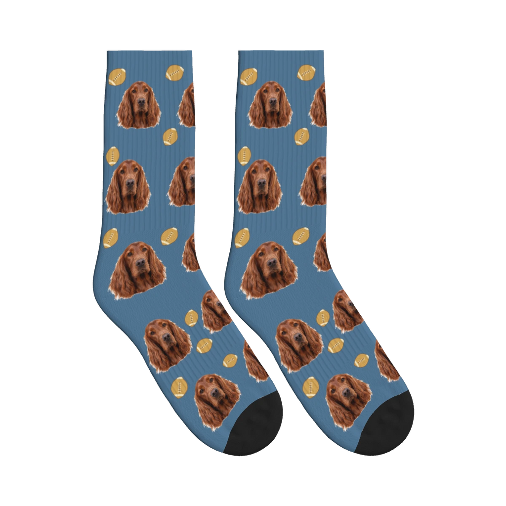 Football Dog Face Socks in Steel Blue with a personalized dog photo