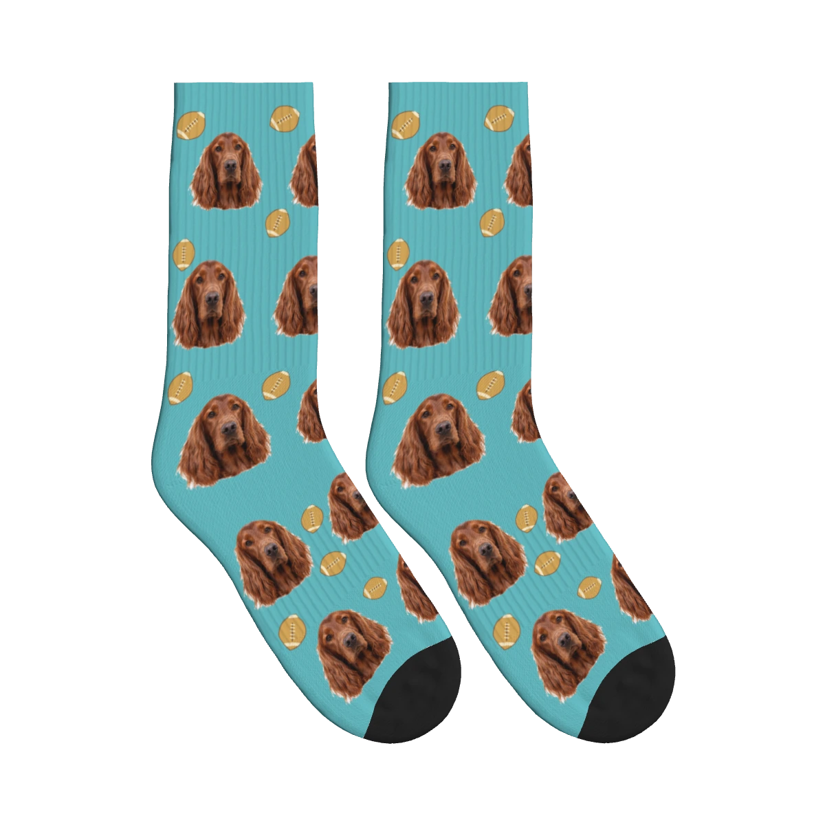 Football Dog Face Socks in Turquoise with a personalized dog photo